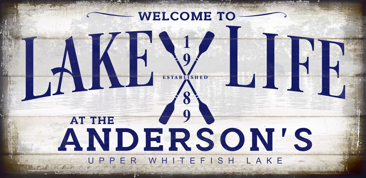 Lake House Sign Personalized with the words "welcome to Lake Life at the [family name] with the lake name.