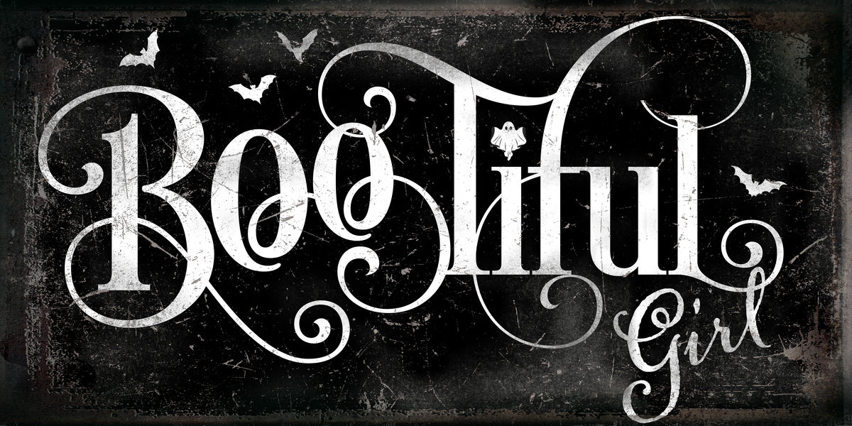 Halloween decor for girls on black distressed background with the words Bootiful Girl.