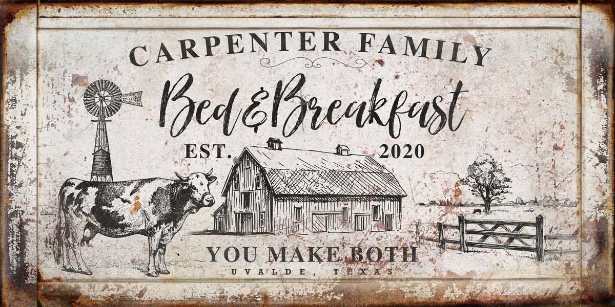Farmhouse cow wall art with Barn and dairy cow, windmill, fence post and the words [Family name] Bed and Breakfast, est. date, You Make Both, city and state..