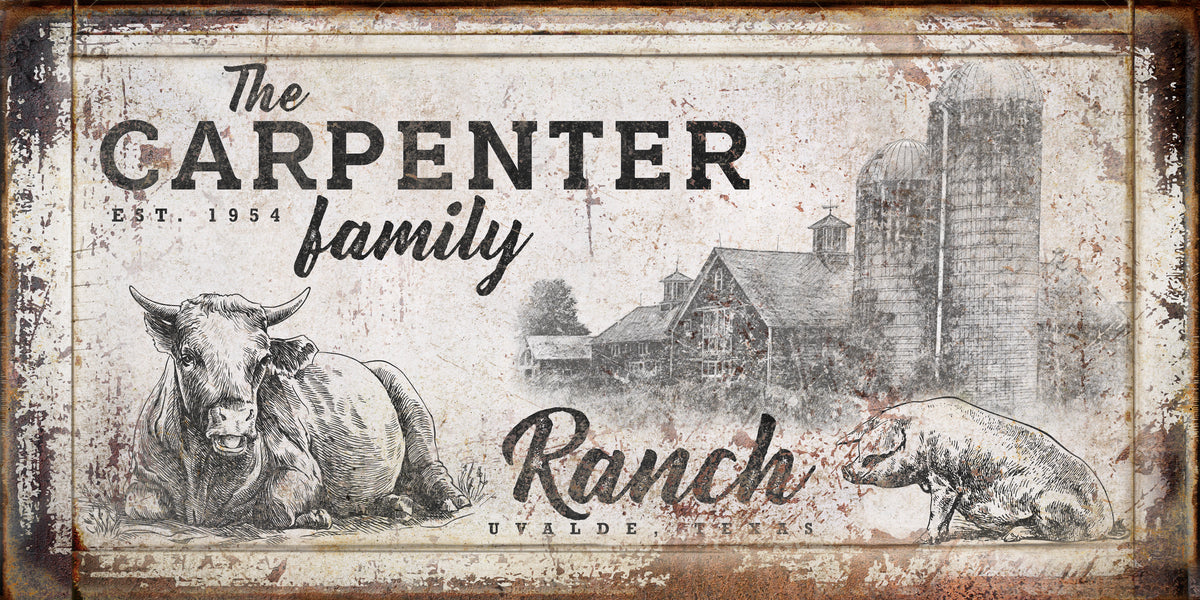 Rustic Farmhouse Sign with Cow and pig in front of barn and silos with the words [family name] Ranch, with est. date and city, and state