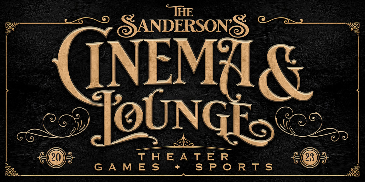 Personalized Home Theater Sign -Cinema Sign with black textured background and the (family name) with words Cinema & Lounge, theaters - games-sports.