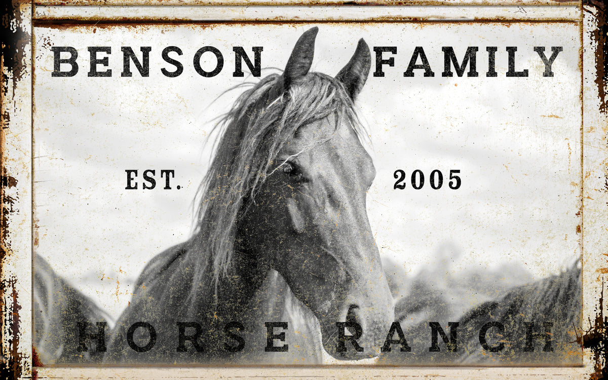 Horse Ranch Sign, with a horse and big words on a a frame that say, Family name, Horse Ranch