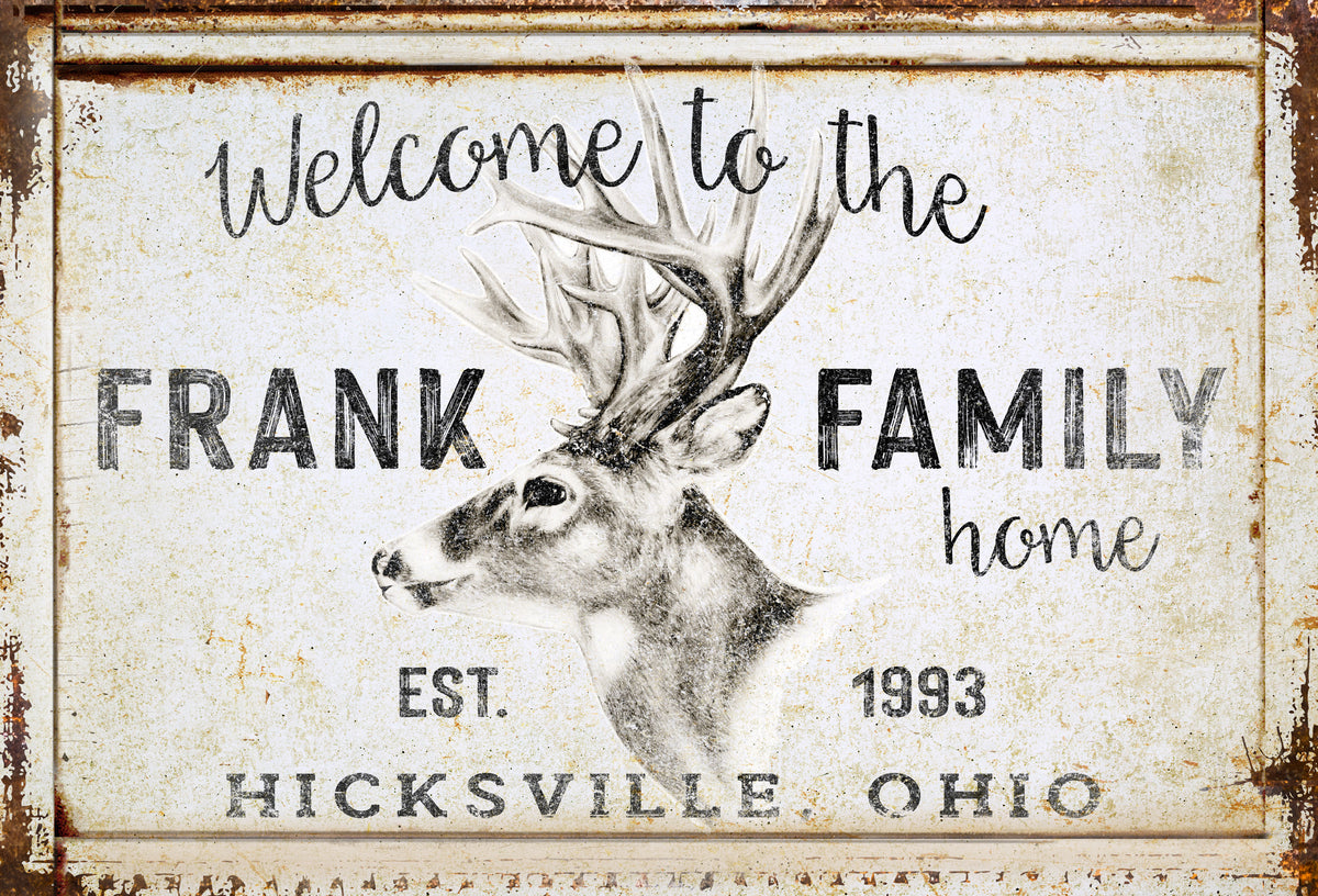 Deer Wall Art with Rustic Deer Antler Family Name on cream sign frame with text that is a  personalized that says [Welcome to the  {your name} Family Home] Establish date and city and state. 