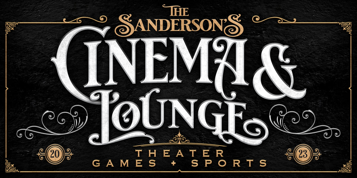 The [family name] cinema & Lounge theater games and sports on black back ground
