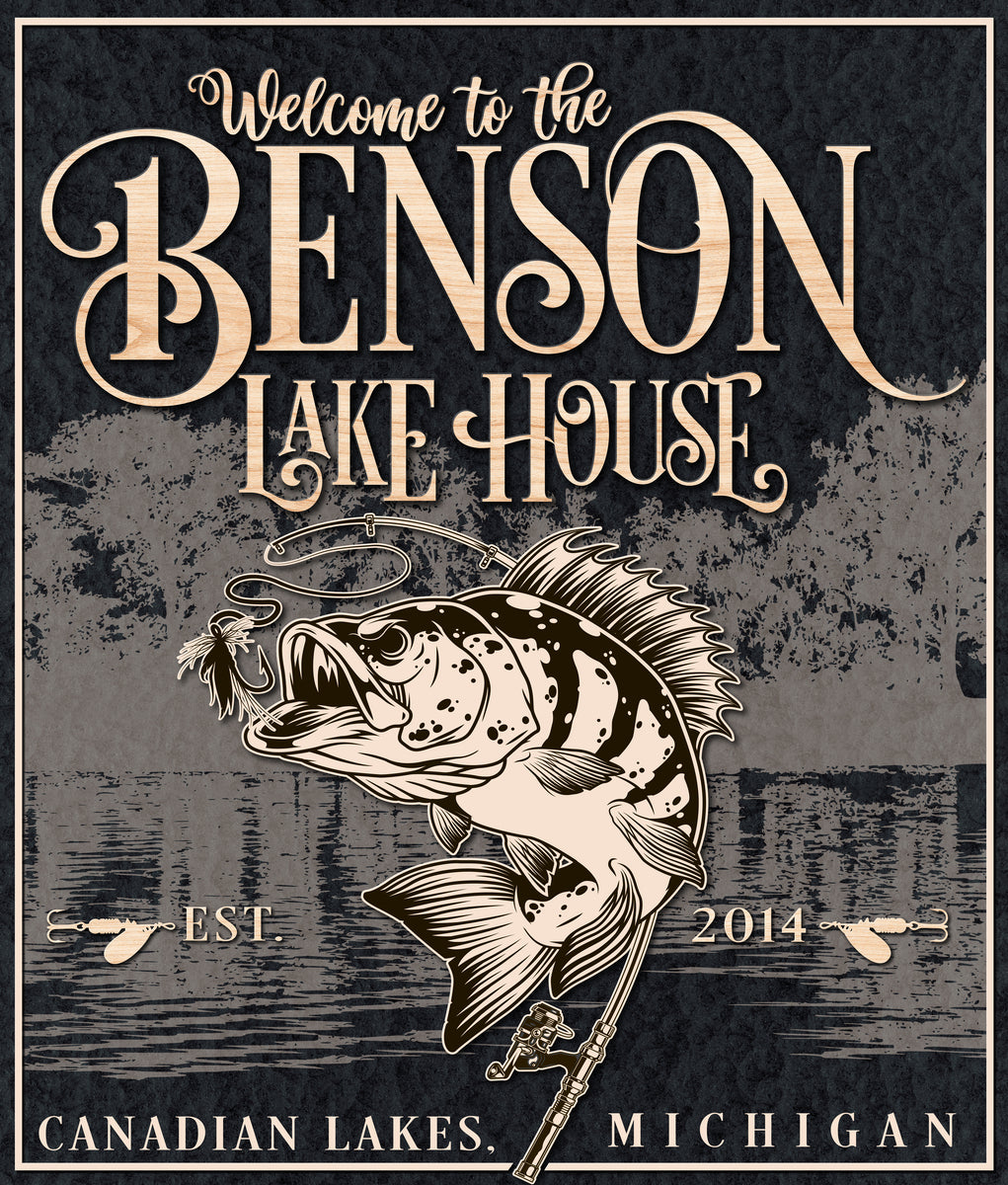 Lake House Sign [Welcome to the [family name] lake house sign, with a big bass jumping for hook, est, date, and lake name and city, state