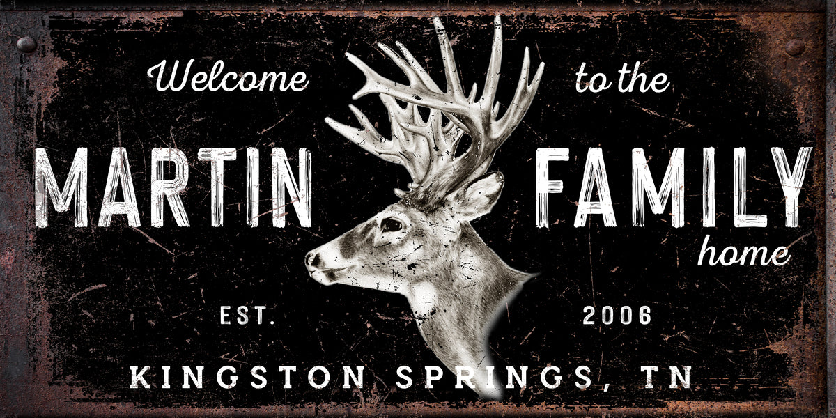 Rustic family antler sign with Dark Background. Welcome to the Family Home [name] Established in 2008 [Year] with City and State. Deer head metal wall art available.