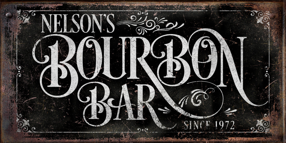 Personalized Custom Bar Sign on black frame with white distressed letters that read [Family Name] Bourbon Bar with established date