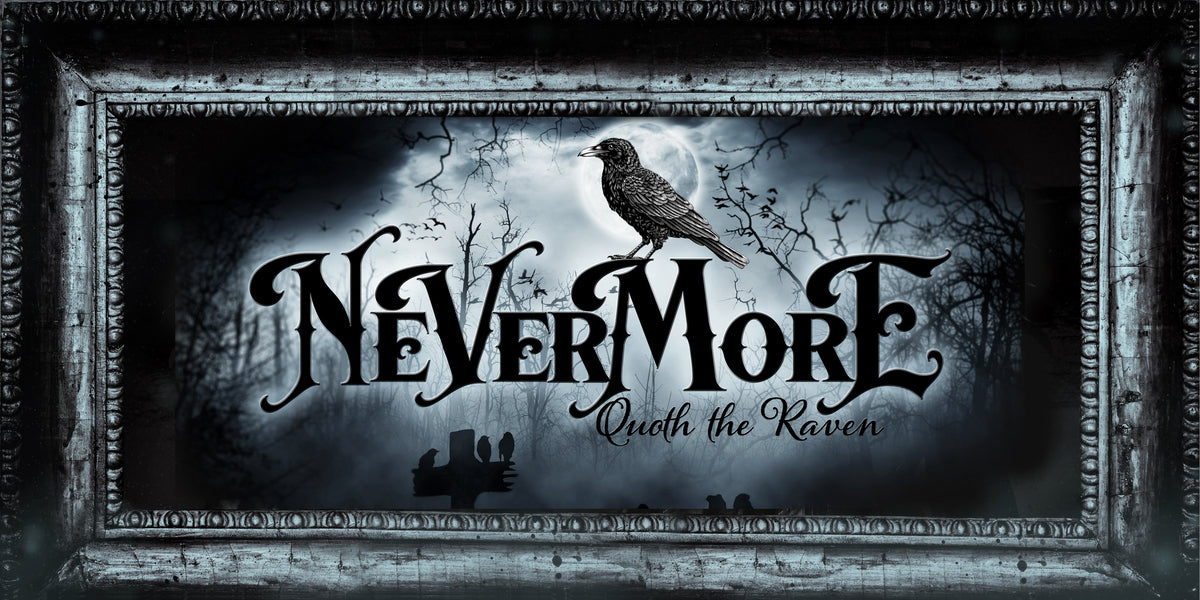Halloween Wall Decor Nevermore Raven on black Gothic faux frame and the words Nevermore Quoth the Raven.