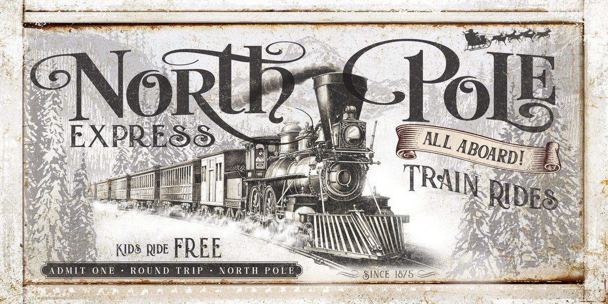 Christmas Wall Art - North Pole Express Train  on vintage faux wood frame, Black Train engine driving through snowy polar mountain with the words: All aboard! Train rides.