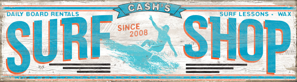 Surf Room Decor for boys room on old faux stress board and the words [Surf Shop] name, year born