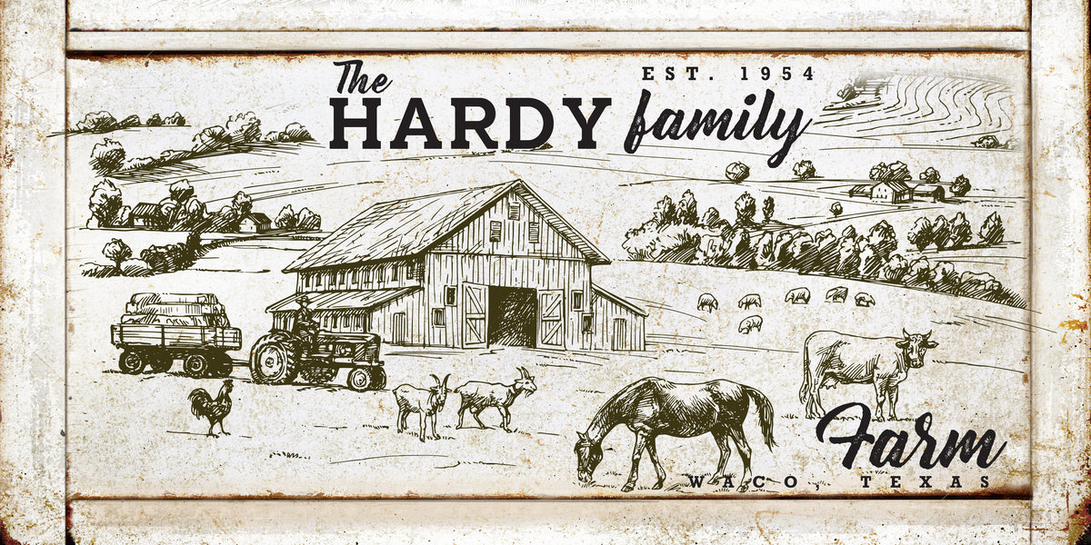 Rustic Farmhouse Sign with [family name] horse, cow, goat, sheep, pig, chickens and rooster in front of a barn and tractor.