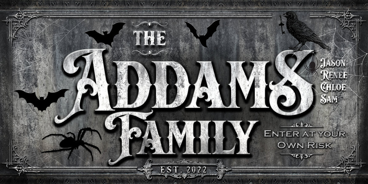 Halloween Wall Decor Sign -Family name halloween sign on tombstone background with family name and with webs and spider and bats.