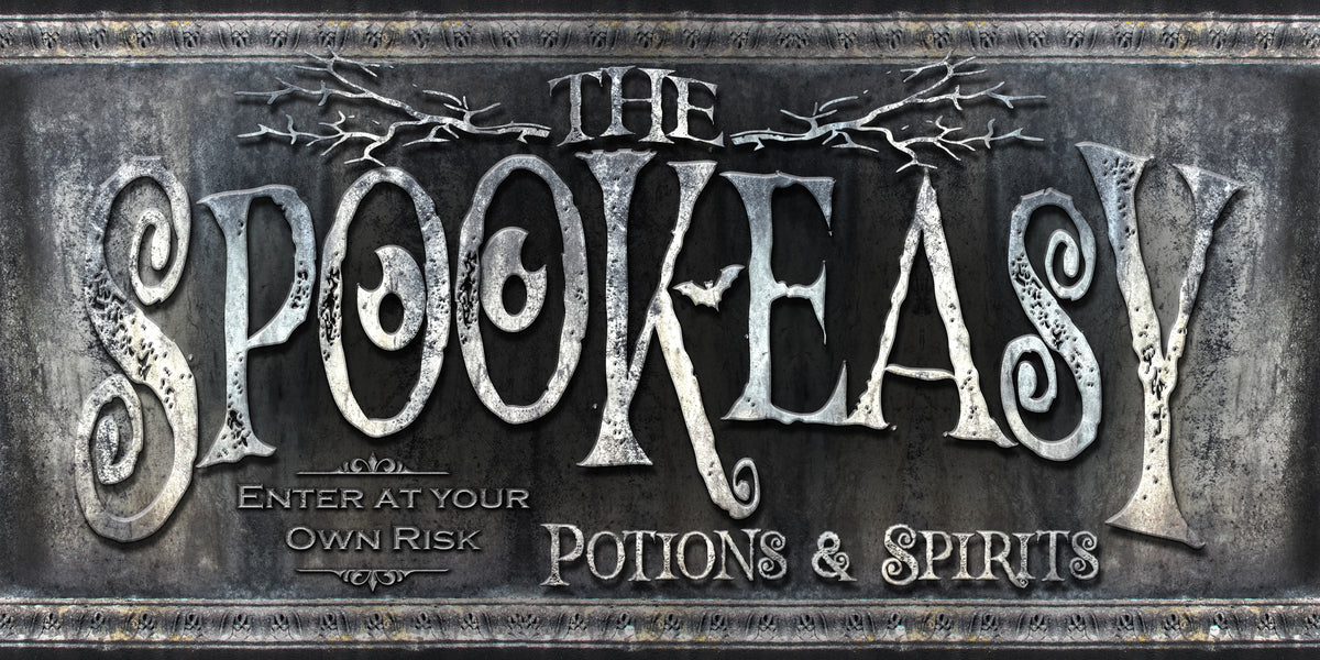 Spookeasy-Speakeasy Sign on stone black background with the Words Spookeasy Potions and Spirits.