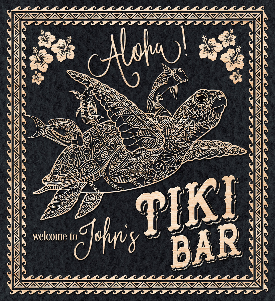 Tiki Bar sign ready to hang on black textured tailored canvas with words; Aloha, Welcome to John's Tiki Bar in teak wood.