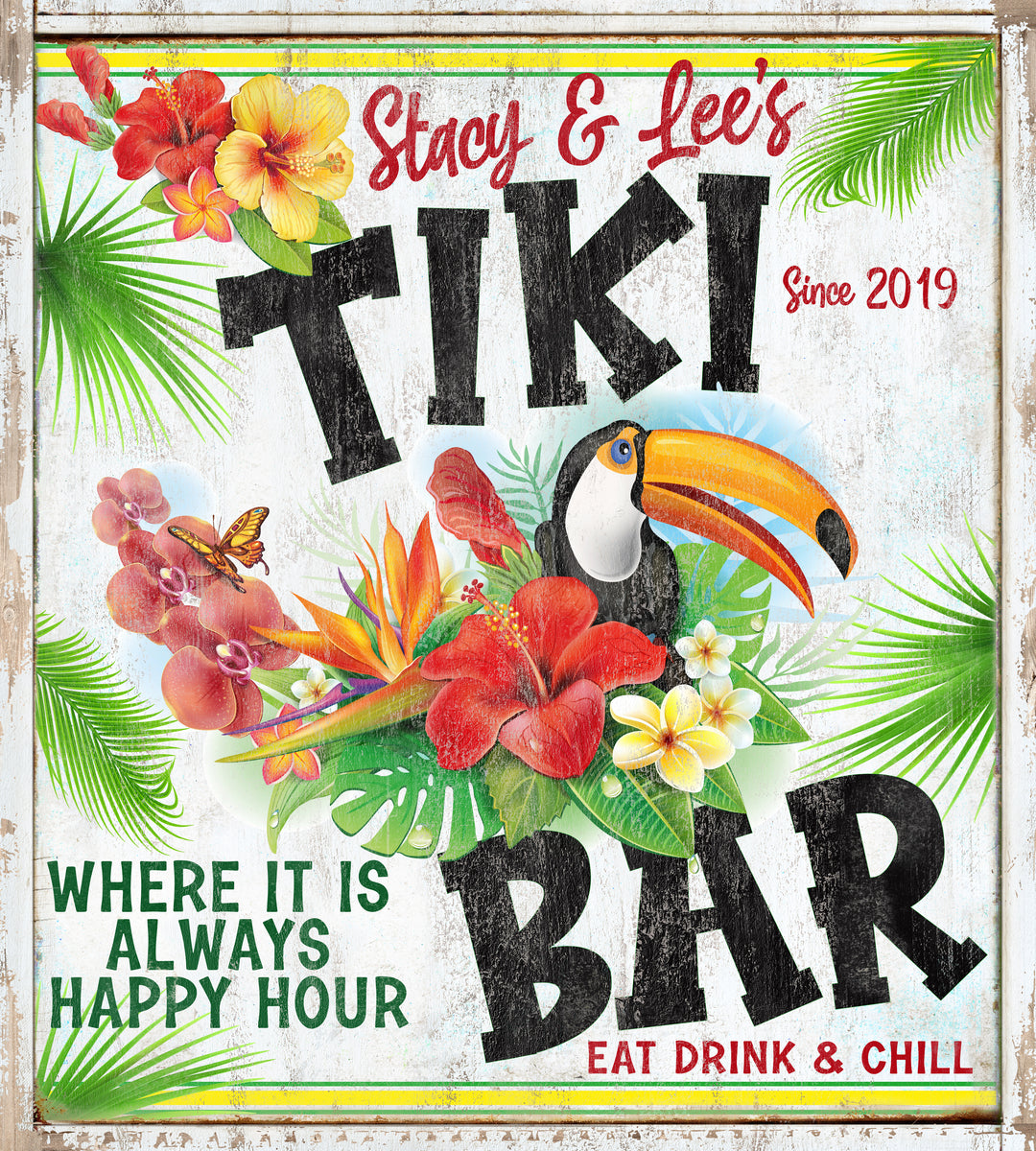 Tiki Bar Sign vertical on white distressed faux wood with the words [Tiki Bar, where it is always happy hour] Eat drink and chill