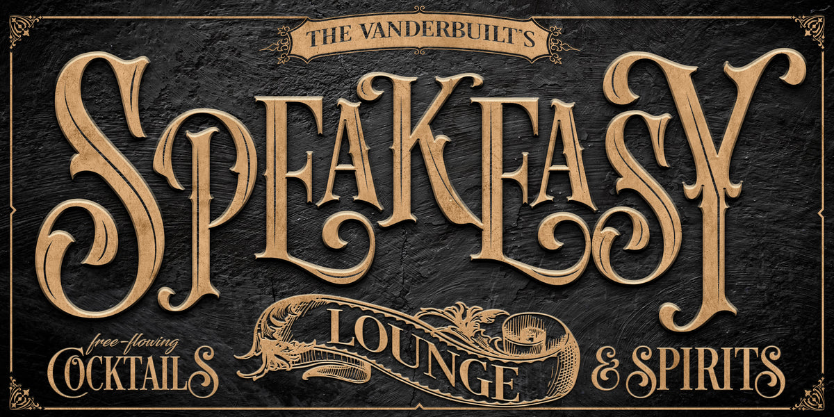 Speakeasy Sign Bar Wall Decor|Large Rustic Wall Art|Lounge Sign  Black stone background with Beveled 3-D Wood Words that say [ family name, Speakeasy Lounge] Free flowing cocktails and spirits