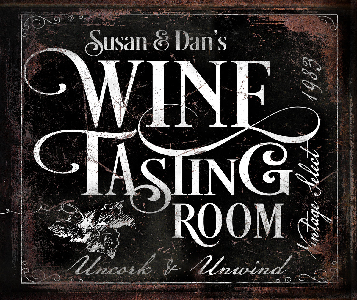 Wine Tasting Bar Sign on distressed black canvas, with [family name] and the words Wine Tasting Room.
