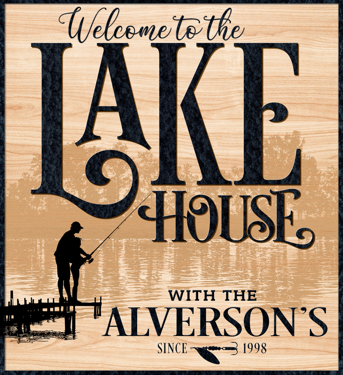 Lake House Signs printed On "faux" tailored canvases with wood background with water and trees, and the words Welcome to the Lake House with [family Name] and est. date.