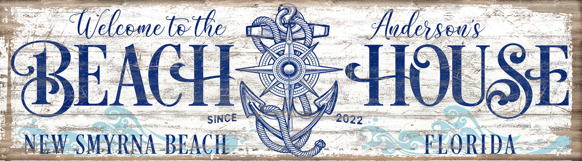 Coastal Decor -Anchor beach house sign with distressed white paint on faux distressed wood canvas frame with words {welcome to our beach house] est. date and name and state
