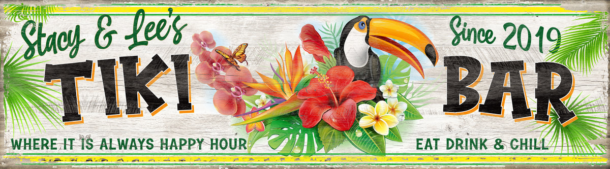 Personalized tiki bar signs on distressed wood with a Tucan Bird the words [names, tiki bar] with tropical flowers