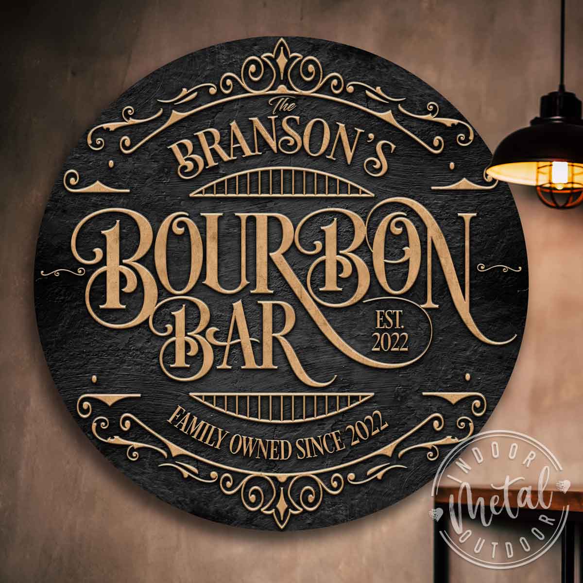 Bar Signs - Bourbon Bar sign in a round circle with family name and the words Bourbon Bar, with est. date and any wording person wants.