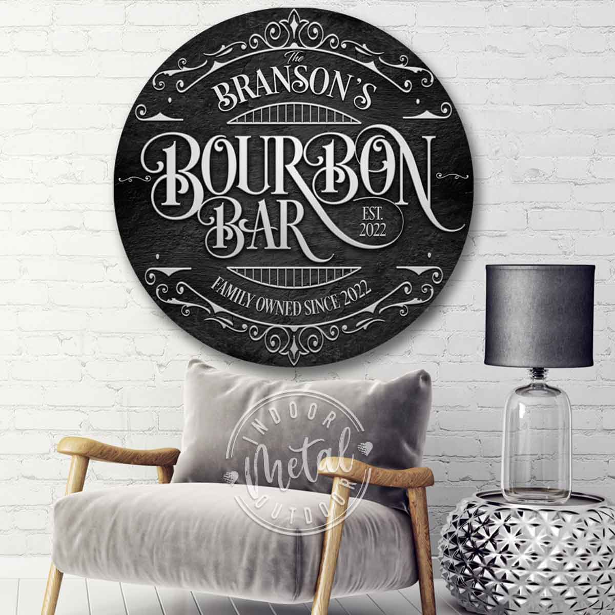 Bourbon Bar Signs -Whiskey Bar signs in a black metal circle with the words: Family name, bourbon bar, est. date and any wording.