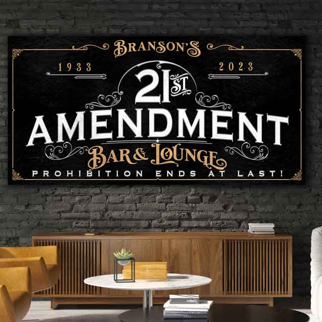 Speakeasy Decor 21st Amendment Sign on black stone frame with the words (family name) 21st  Amendment Bar and Lounge - Prohibition ends at last!