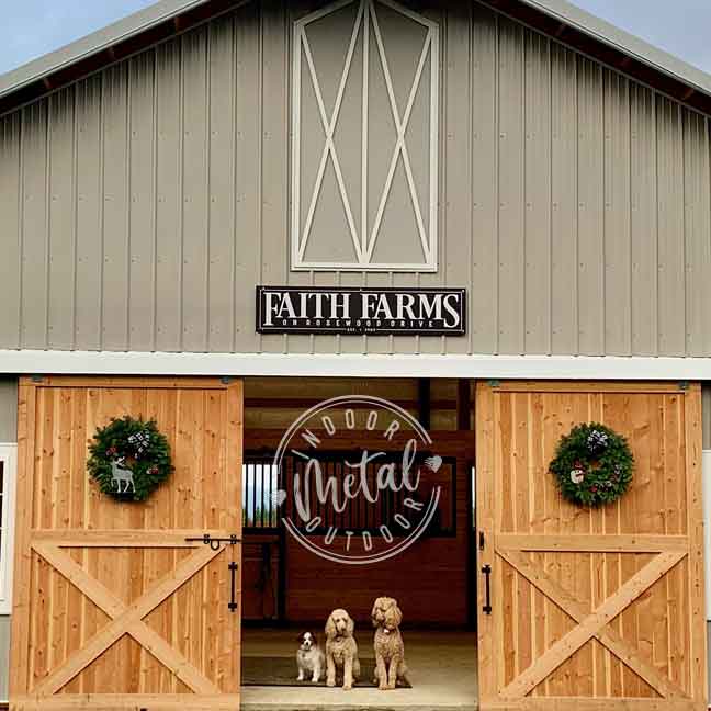 Large Outdoor Metal Barn Sign on black background with the words: [family name, and family owned for over 50 years] with establish date.