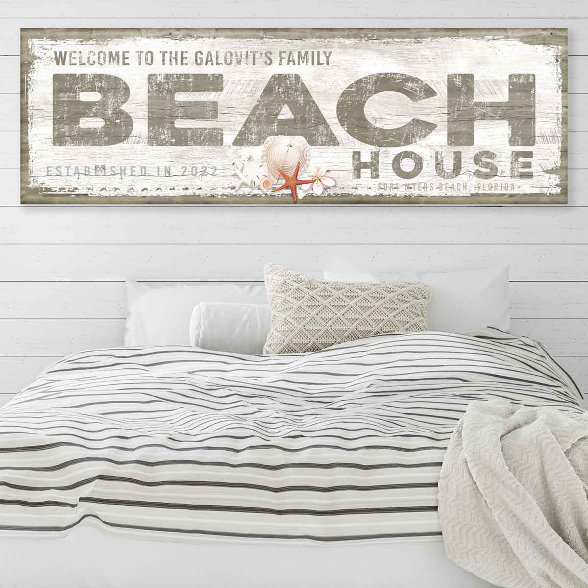 Unique Coastal Wall decor, Welcome to the Beach House Faux wood Sign on faux wood and with white weathered paint that says (welcome family name) Beach House, with est date and city.