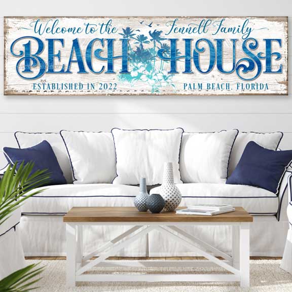 Coastal Decor - Welcome to the Beach house sign on white distressed background with blue words and palm tree.