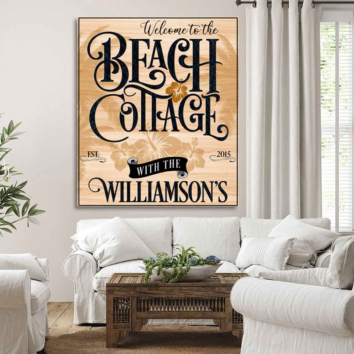 Beach House Sign {Welcome to the Beach Cottage} in big words, with the Family Name  and Est. date.