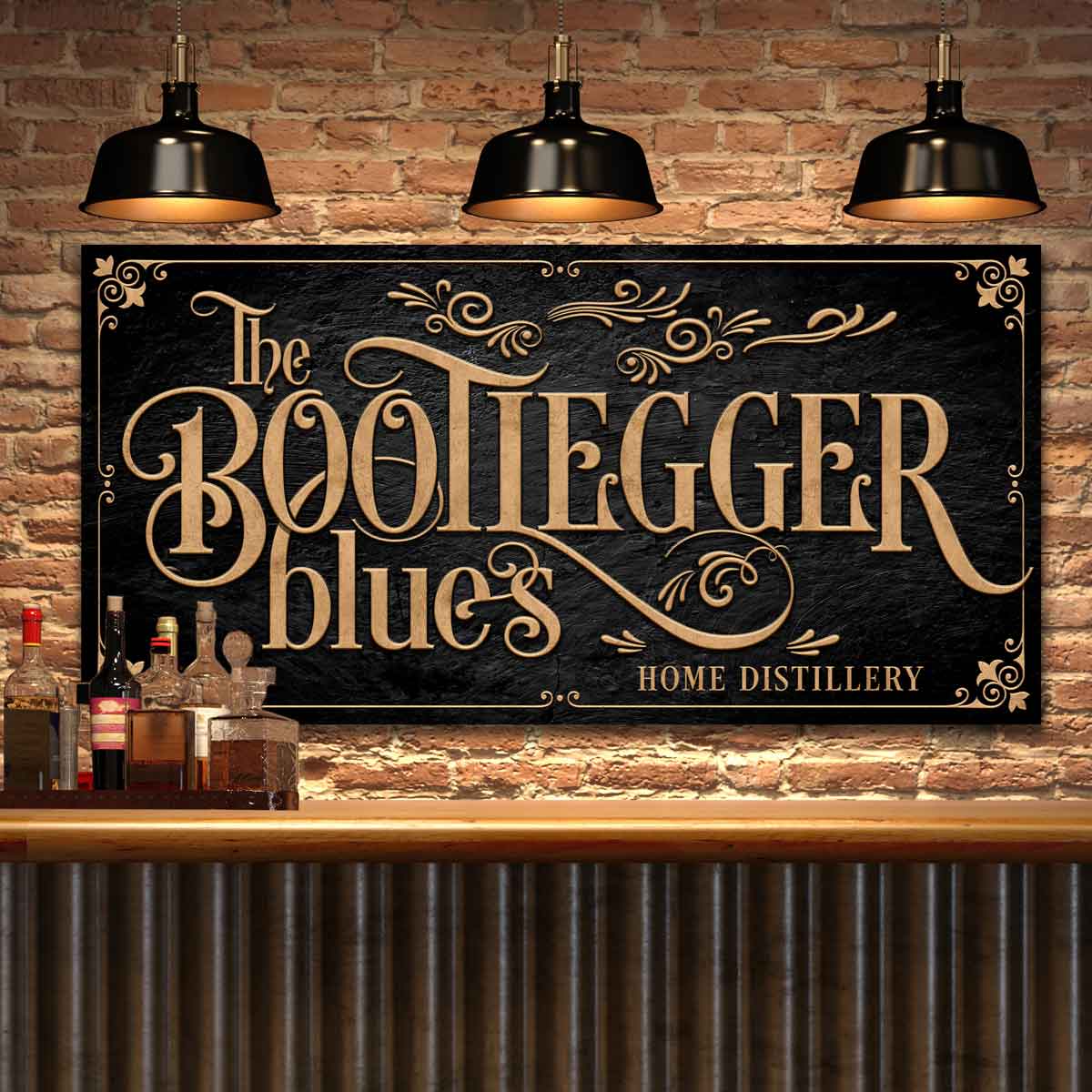 Bar Sign, Bootlegger Whiskey Sign in black with the words [The bootlegger Blues, Home Distillery] in gold letters and ornate border and flourishes