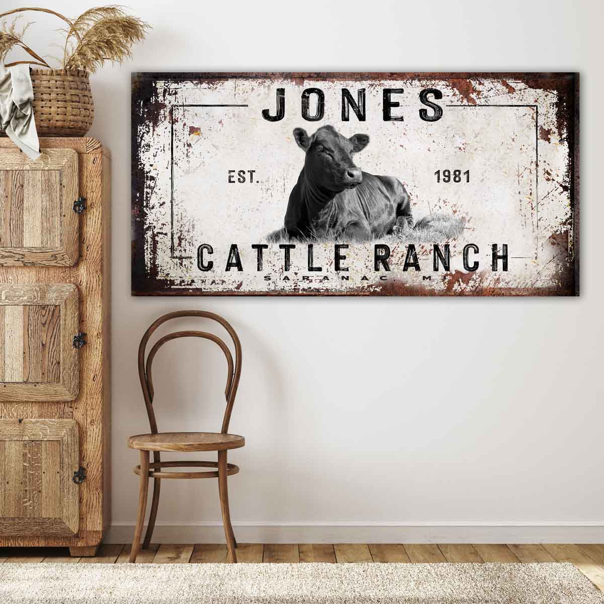 Cattle Ranch Cow Sign with rustic distressed frame with rusty edges. Cow and year established [Family Name] Cattle Ranch