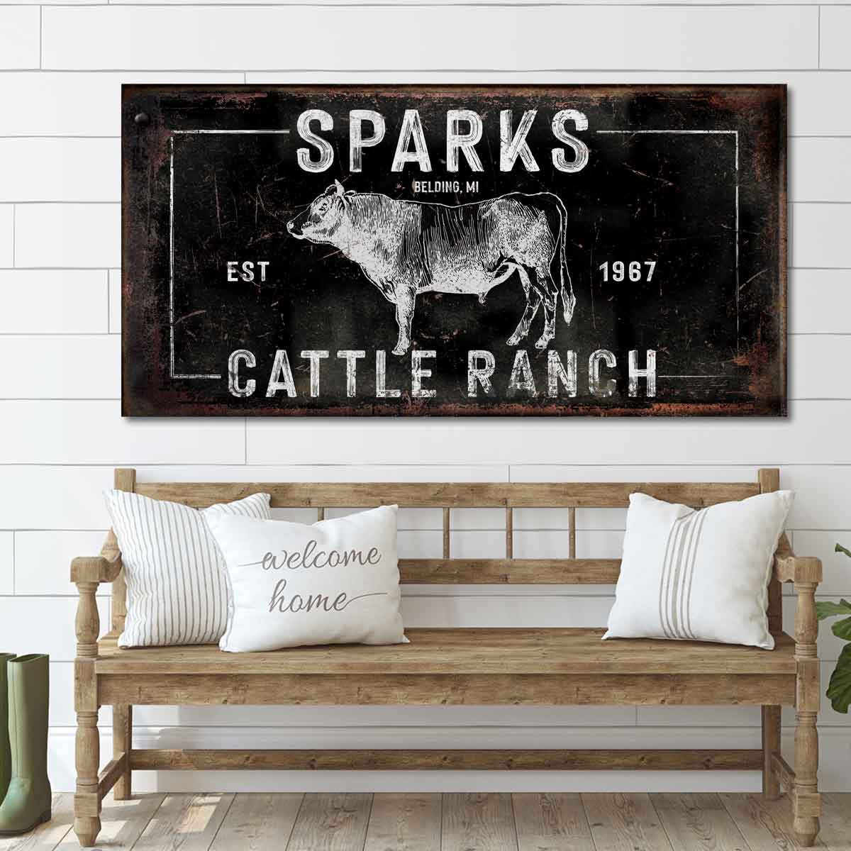 Cattle Ranch Sign personalized with distressed black background with large Beef cow in foreground, with words: "Family Name" city and state, est. date, Cattle Ranch in white lettering.