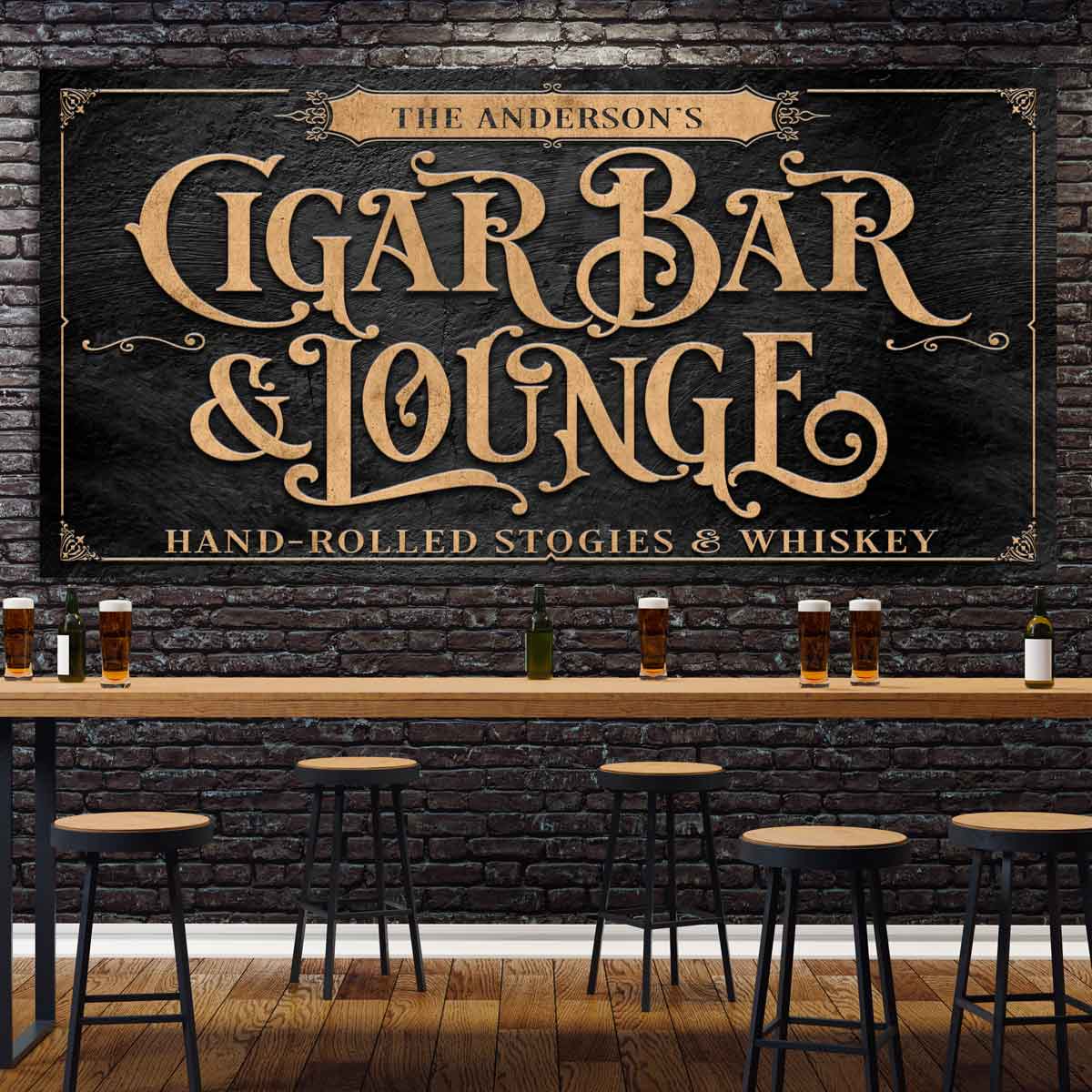 Cigar Bar & Lounge Sign, Cocktail Bar Sign, Cigar Sign on black stone with letters showing through with golden wood.