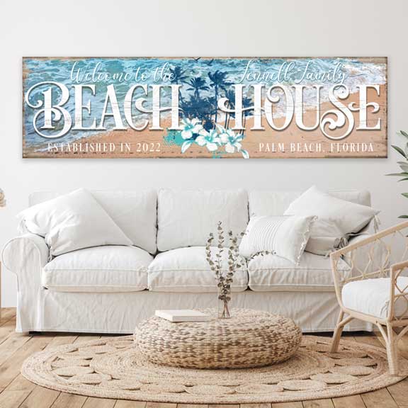 Beach House Sign Sand & Surf with wave in background and the words Beach House big with city and state
