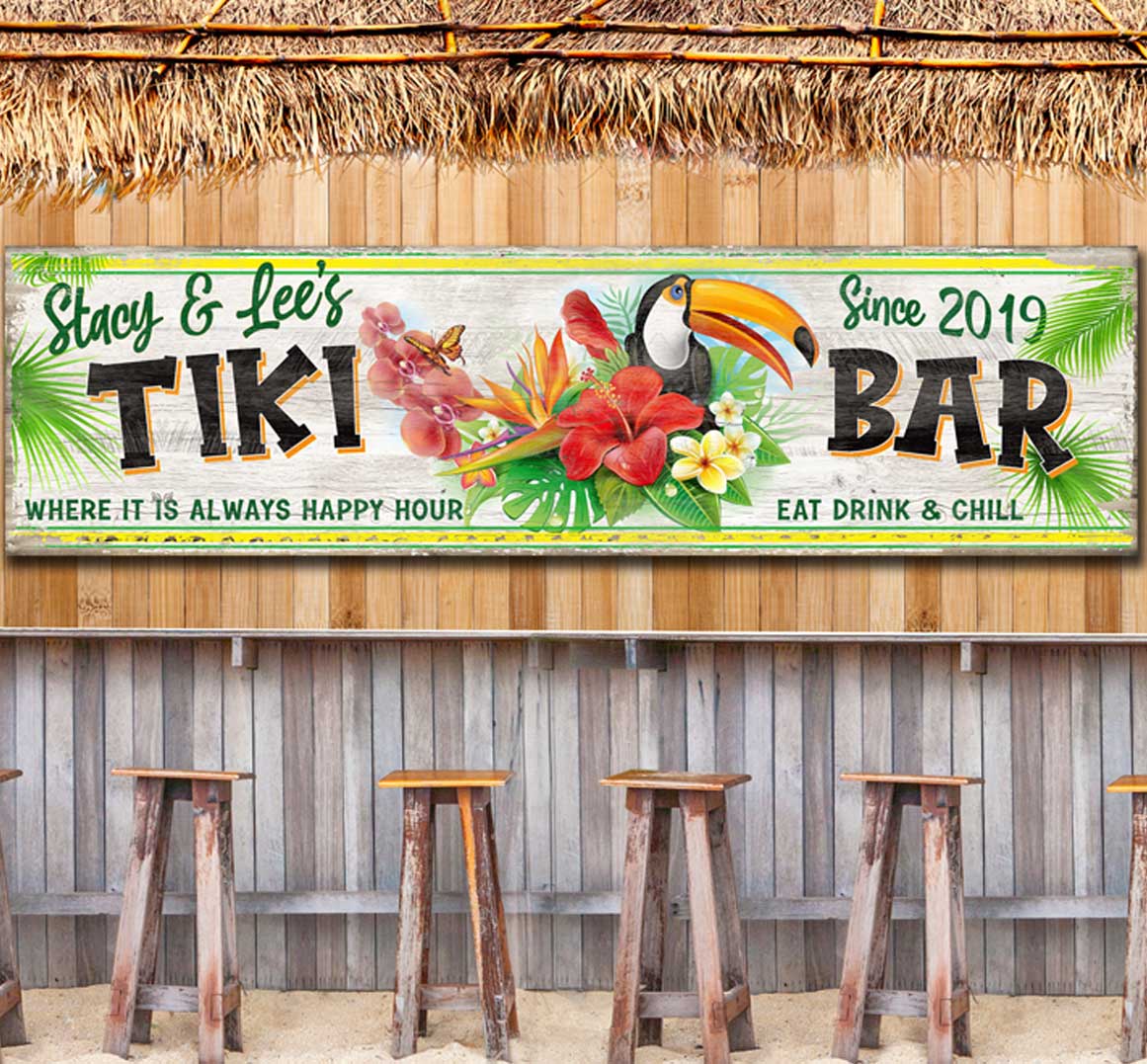 Tiki Bar Sign with tropical flowers and a Tucan bird with words Tiki Bar