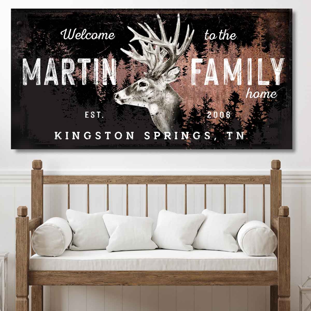 Deer Head art with personalized name for a Rustic Deer Themed Living Room on canvas or metal Personalized [name] Family sign  with Deer head in woods. On Black Background with deer in wooded area in foreground