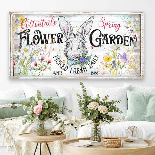 Easter Wall Decor -Bunny art with the words Cottontails spring Flower Garden on a old faux frame for Farmhouse Wall Decor.