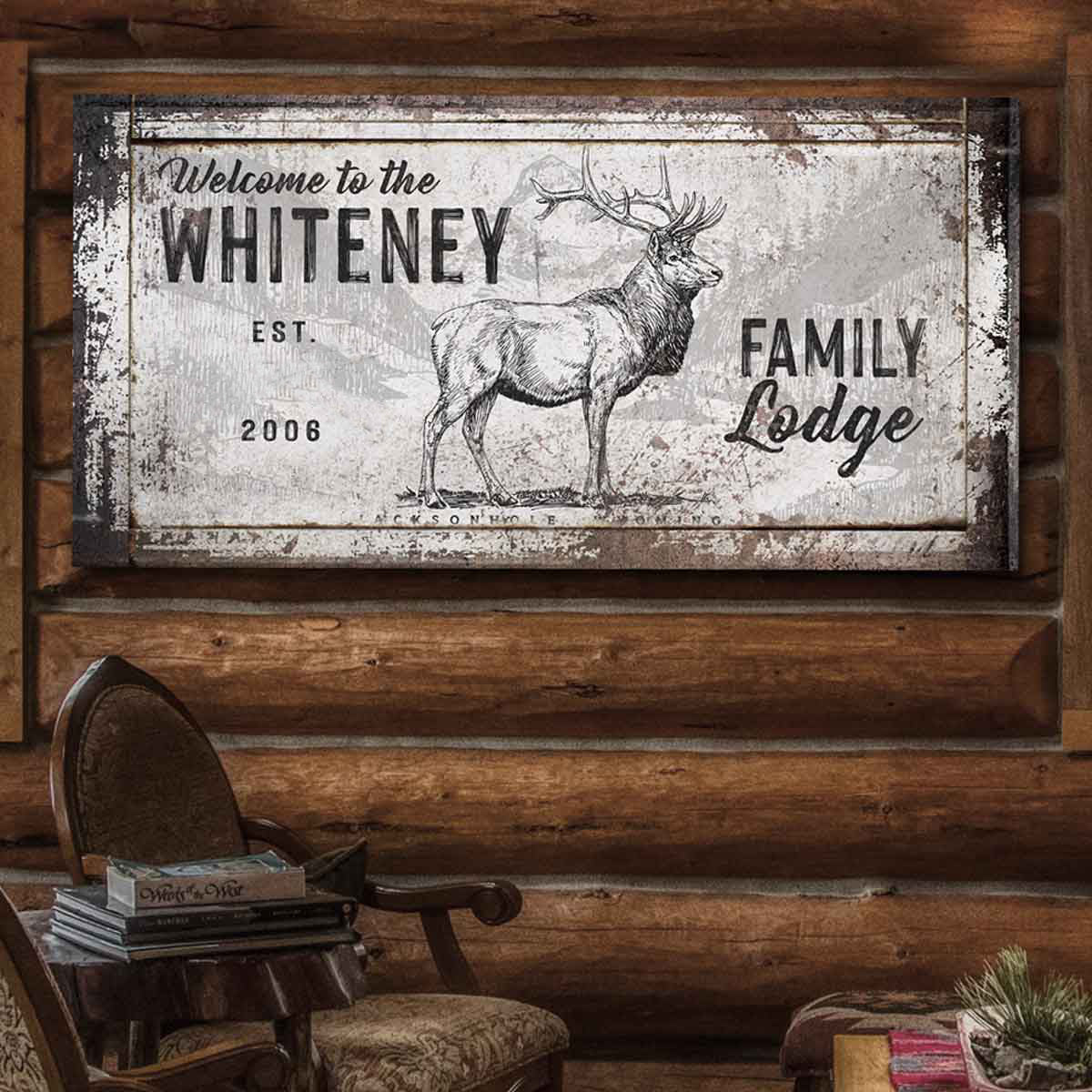 Elk Deer Hunting Lodge sign with rustic frame and the words [welcome to the 'family name" Hunting Lodge, with est. date