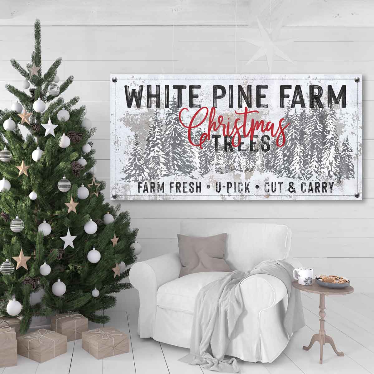 Snowy gray Christmas trees against a snowy background. Words say: White Pine Farm Christmas Trees, Farm Fresh, U-Pick, Cut and Carry