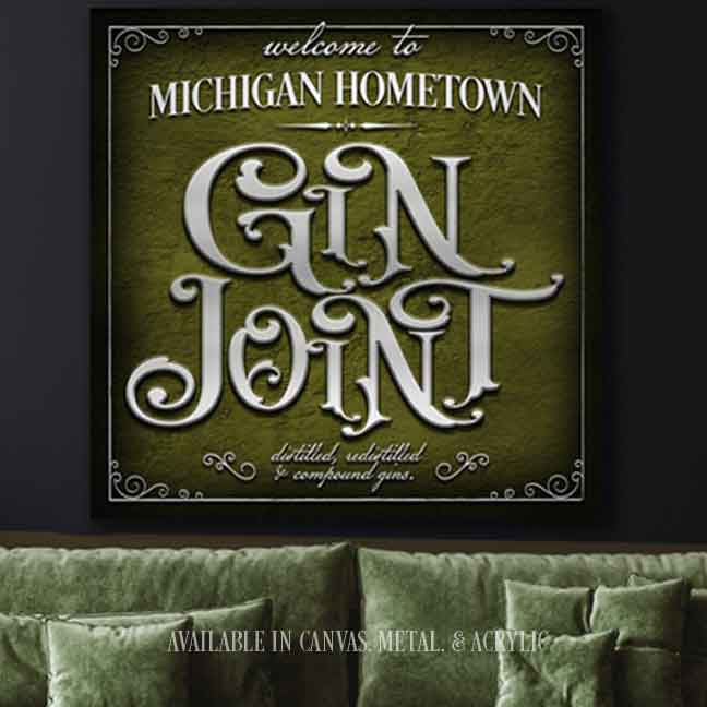 gin joint speakeasy decor sign in avocado green with (family) name and the words in Gin Joint