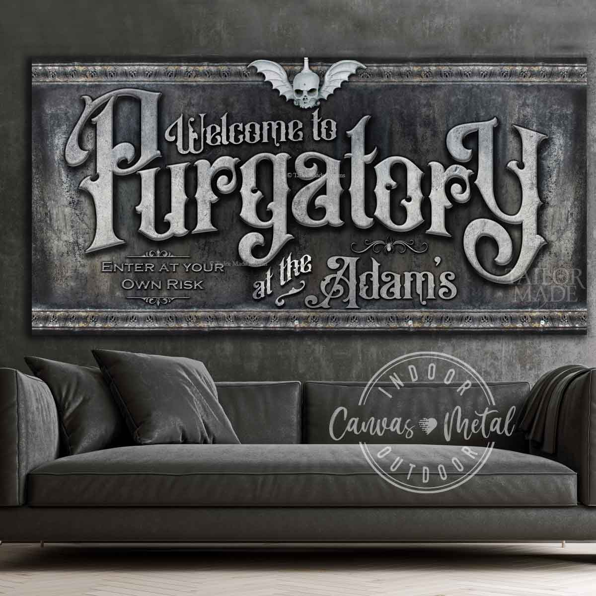 Halloween Asylum Sign - Purgatory in black stone with the words: Welcome to Purgatory at the [family name] enter at your own risk.