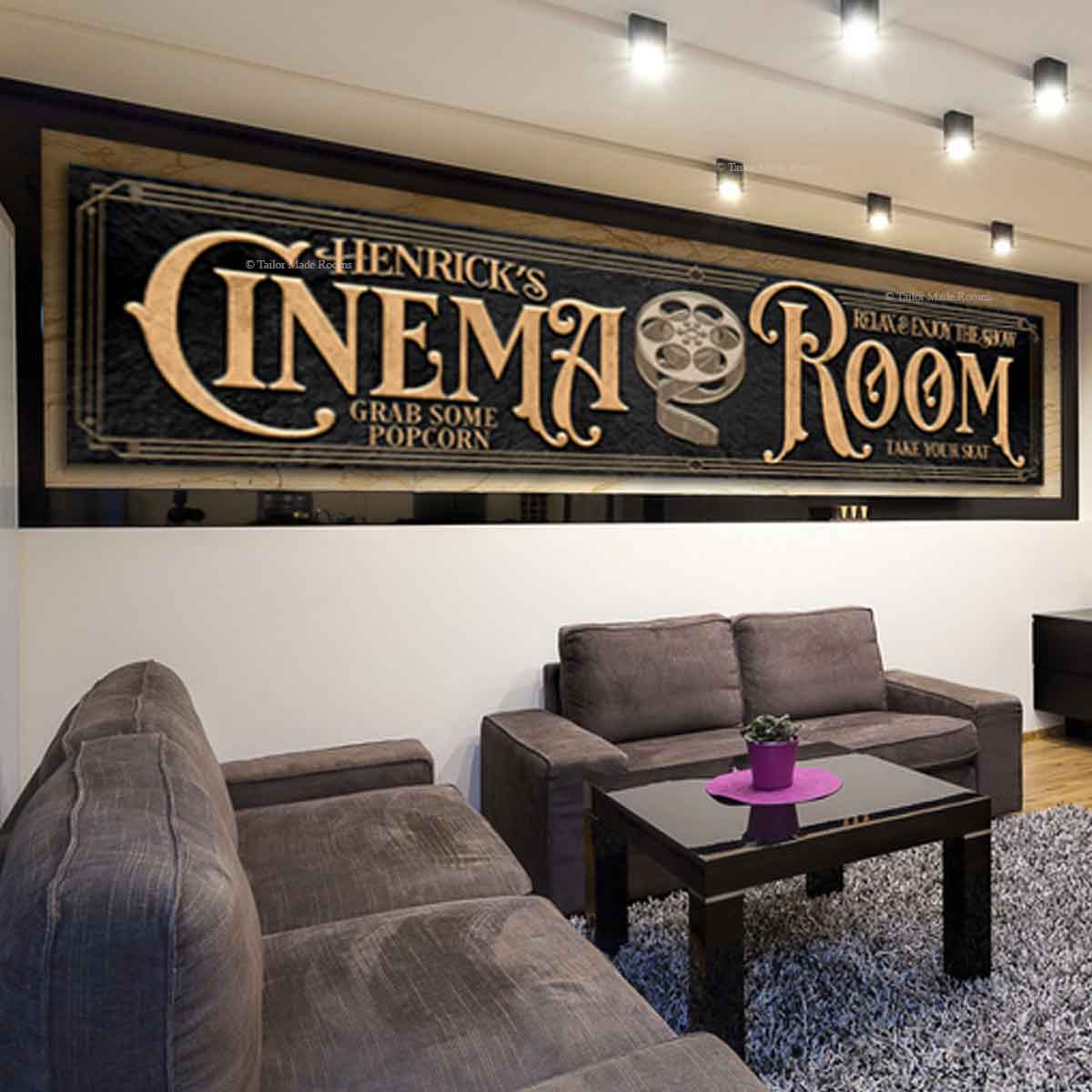 Home Theater, or Movie Sign with the words {family name} Cinema Room - grab some popcorn, take your seat.