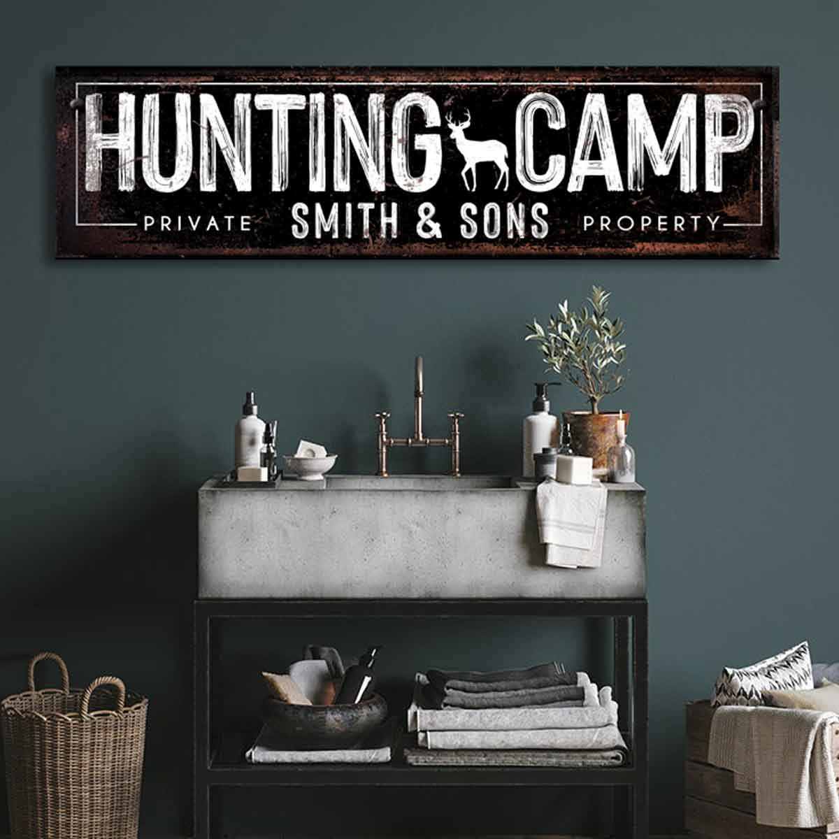 Cabin decor - Hunting Camp sign 0n black distressed background and the words [hunting camp] private property