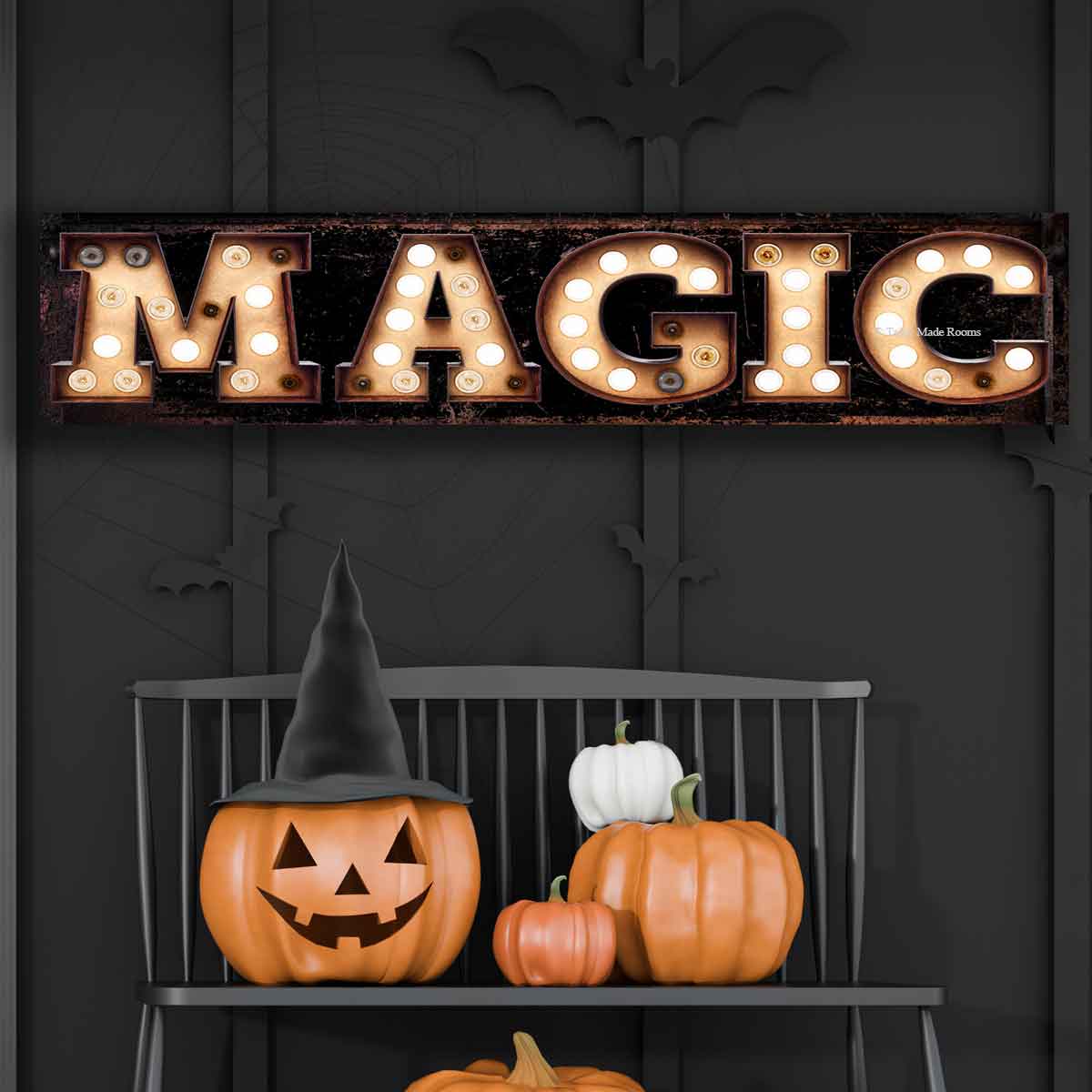 Magic Halloween Sign with Marquee lights on black rusted background with the words Magic.