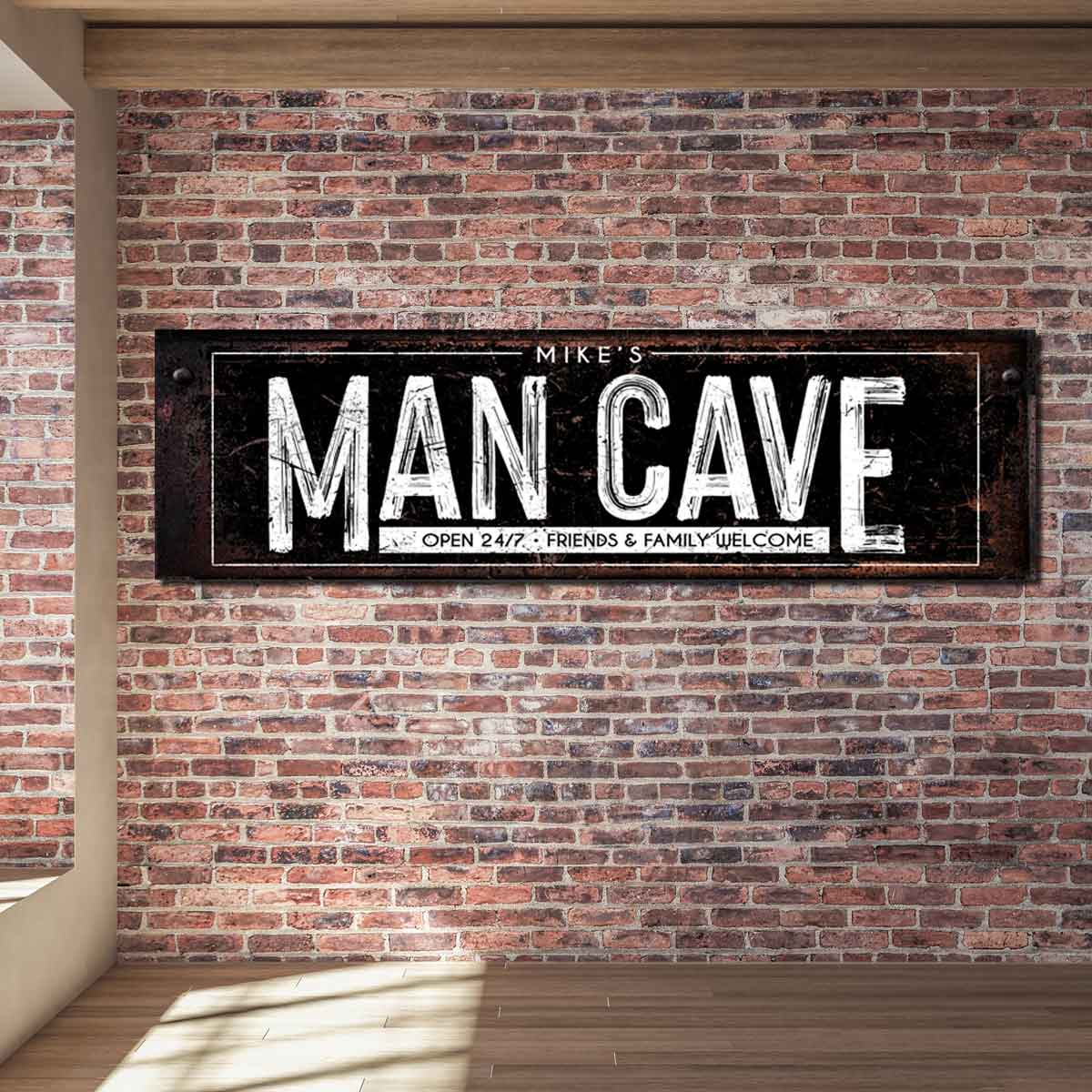 Man Cave Sign on rusted black large canvas art with the words: [Name's Man Cave, open 24/7, friends and family welcome