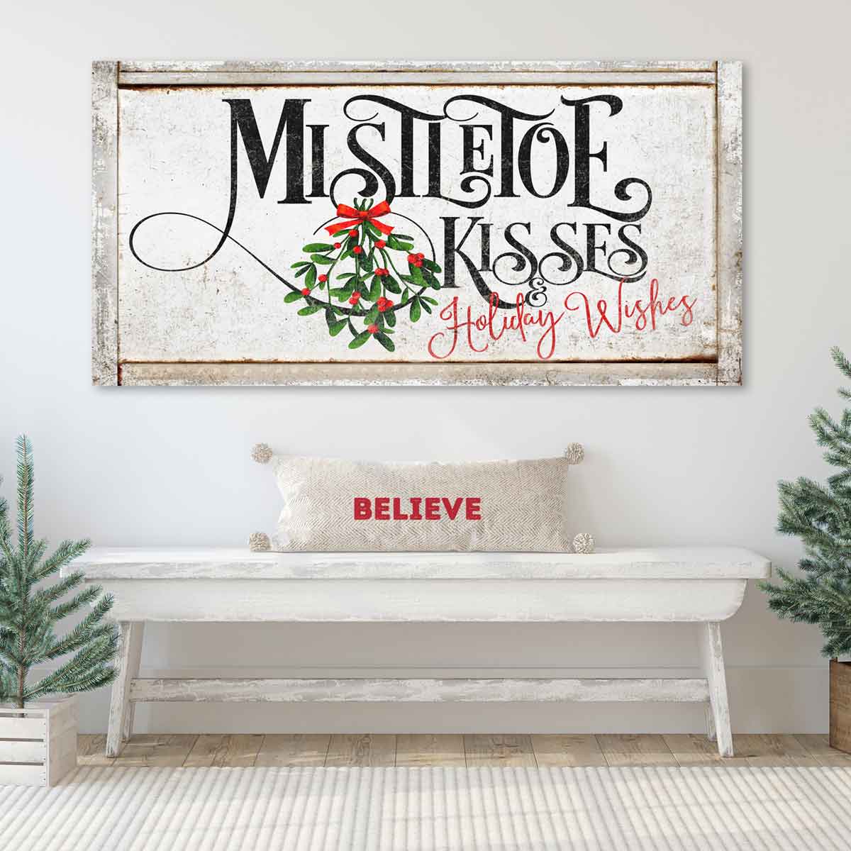 Mistletoe Kisses and Holiday Wishes on white distressed Background