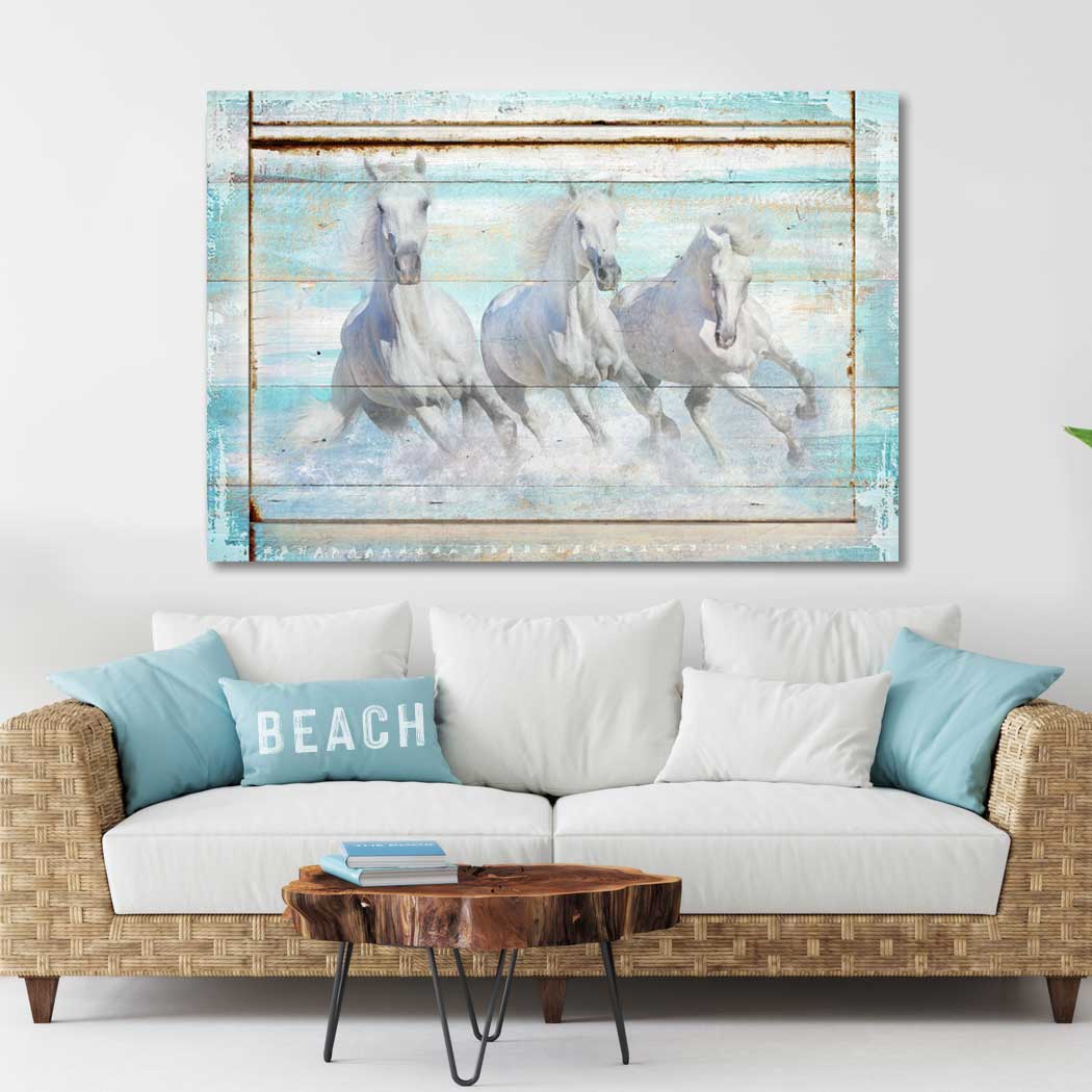 These beautiful horses are running wild and free on the beach on antique wood faux finish.  Faux wood frame that looks like old wood in beachy teal colors.