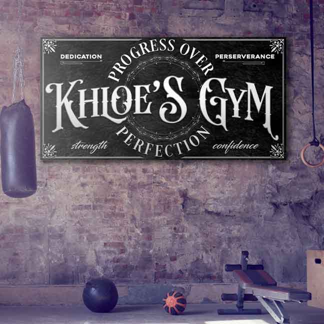 Personalized Home Gym Wall decor on black background with name and words progress over perfection home gym wall decor